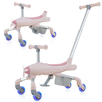 Pink 2-in-1 ride-on push car with gray support legs, seat, and blue glowing wheels