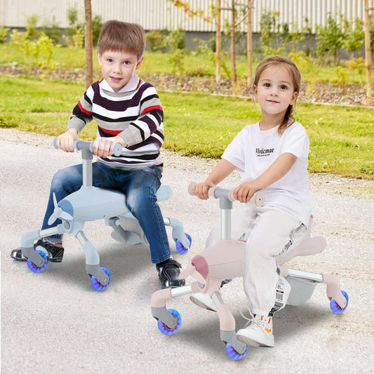 Pink 2-in-1 kids ride-on push car with glowing blue LED wheels and push handle