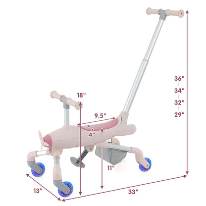 Pink 2-in-1 ride-on push car with size guide diagram and blue glowing wheels
