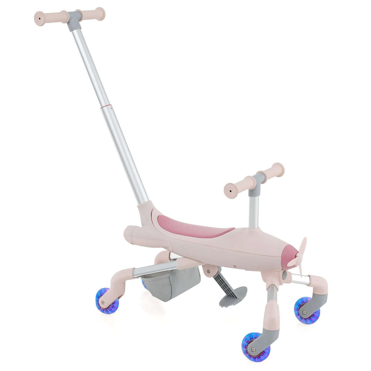 Pink 2-in-1 ride-on push car with raised push handle and blue glowing wheels