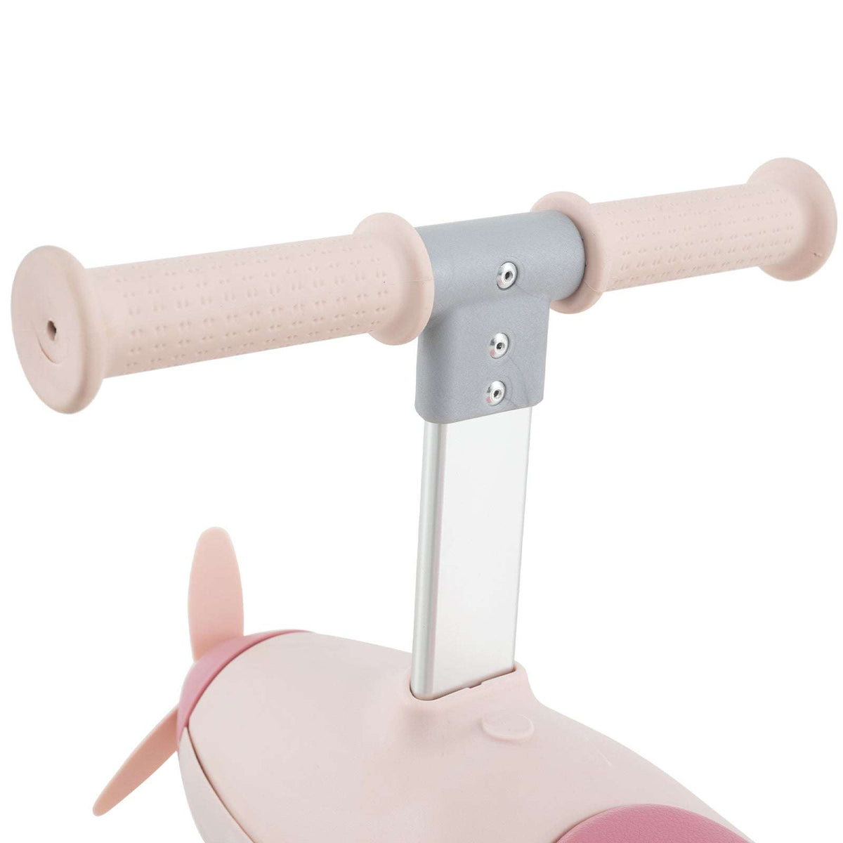 Pink and gray ride-on push car handle with textured grips and mounting bracket
