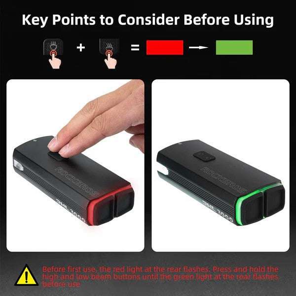 Bicycle headlight showing rear indicator light strip glowing red and green