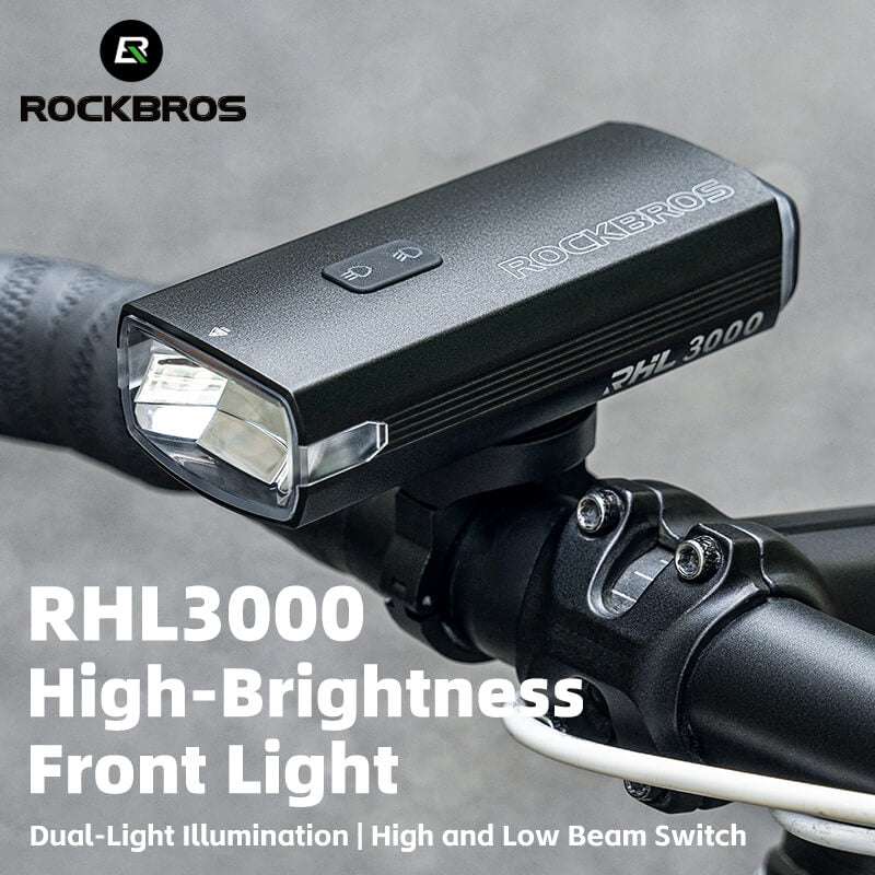 ROCKBROS bicycle headlight on handlebar with top control buttons and front beam lens