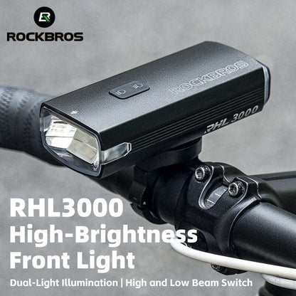 ROCKBROS bicycle headlight on handlebar with top control buttons and front beam lens