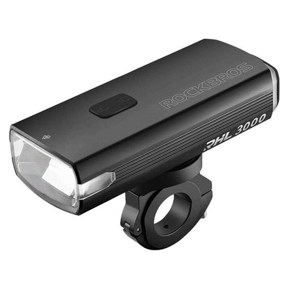 ROCKBROS bicycle front headlight, dark housing with front lens and handlebar mount