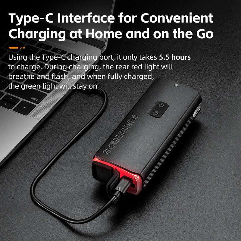 Bicycle headlight with Type-C charging port and connected charging cable