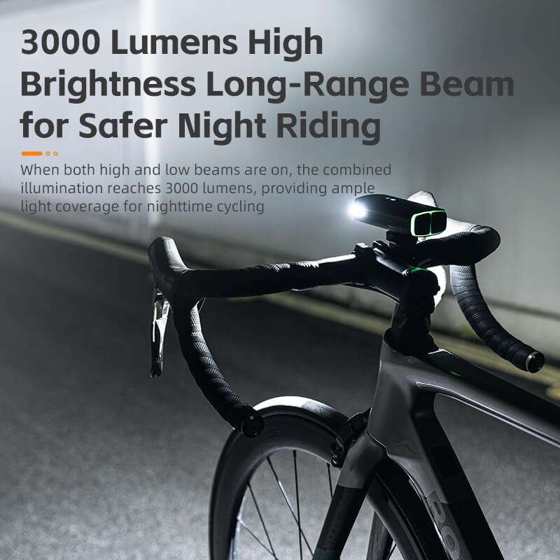 Mounted bicycle front headlight with bright white beam and dark aerodynamic body