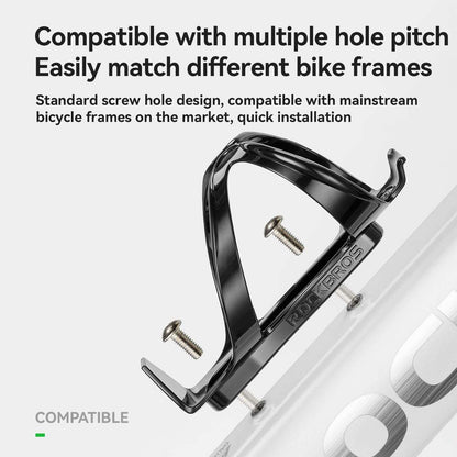 Bicycle water bottle cage, glossy black PC plastic with screw-mount holes.
