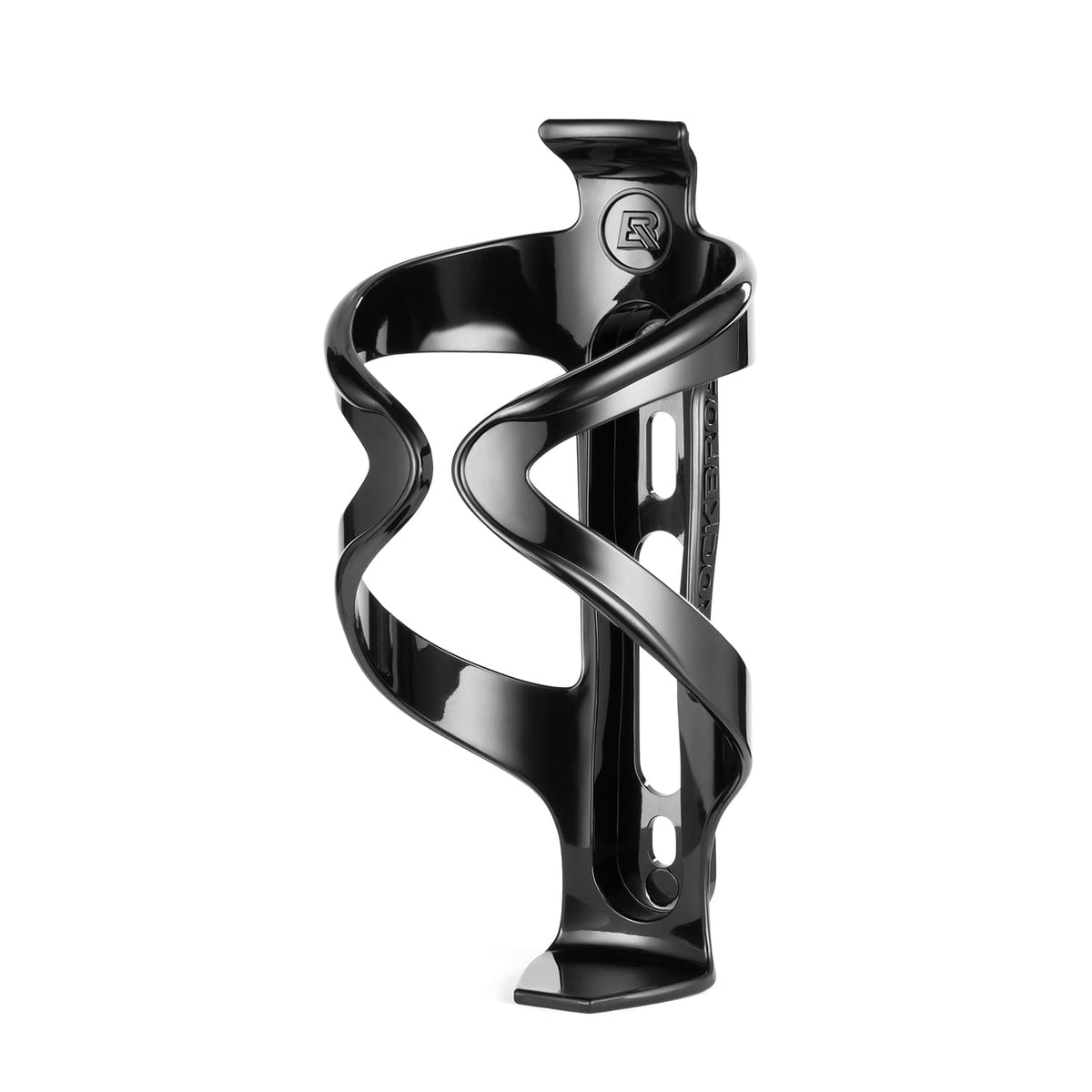 Bicycle water bottle cage, glossy black plastic with oval cutouts and side grip.