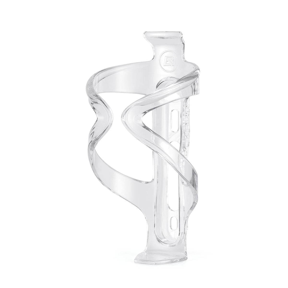 Bicycle water bottle cage, clear plastic with oval cutouts and side grip.