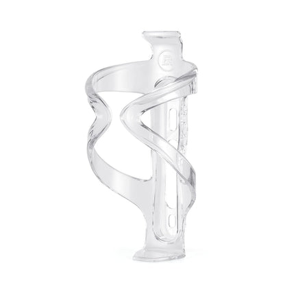 Bicycle water bottle cage, clear plastic with oval cutouts and side grip.