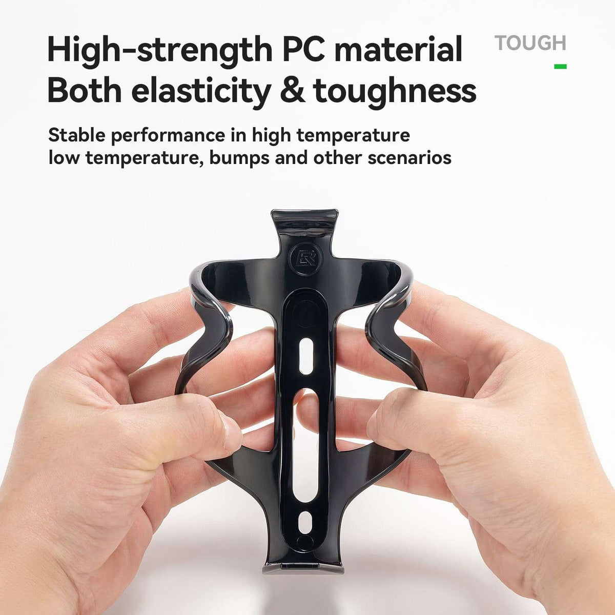 Bicycle water bottle cage, glossy black plastic with central panel and oval grip cutouts.