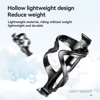 Bicycle water bottle cage, glossy black lightweight plastic with curved frame holder.