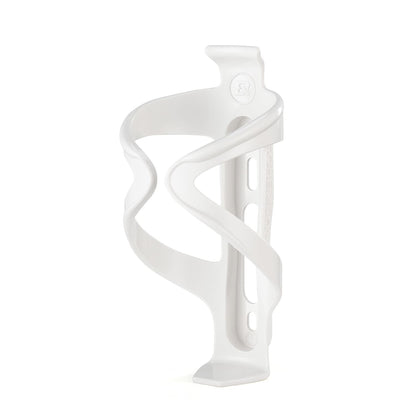 Bicycle water bottle cage, glossy white plastic with oval cutouts and side grip.