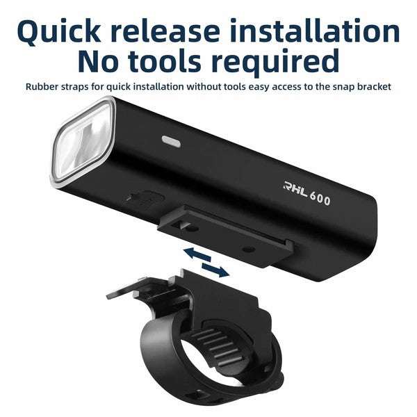 Black front bike light with quick-release snap bracket and rubber mounting straps