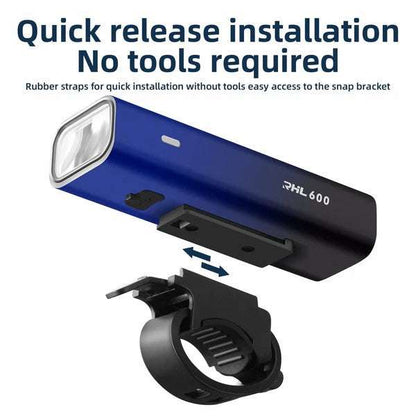 Blue front bike light with quick-release snap bracket and rubber mounting straps