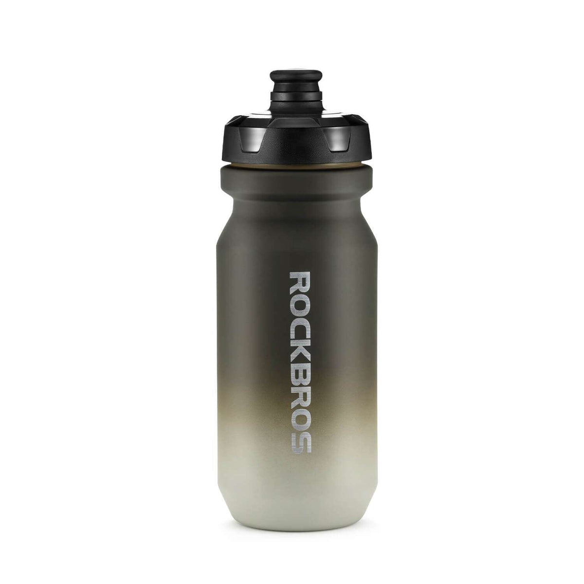 Dark gray bike water bottle with cream base, black flip-top spout, ROCKBROS logo