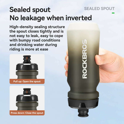 Inverted bike water bottle showing sealed spout base and black lid, ROCKBROS logo