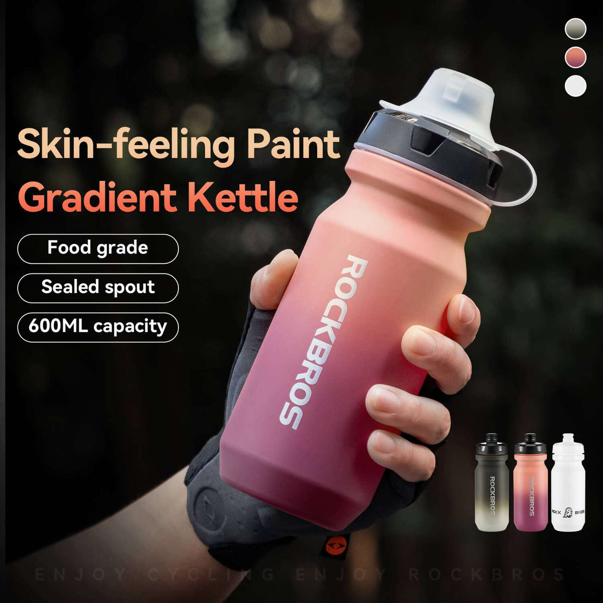 Hand holding pink-to-purple gradient bike water bottle with black lid and sealed spout