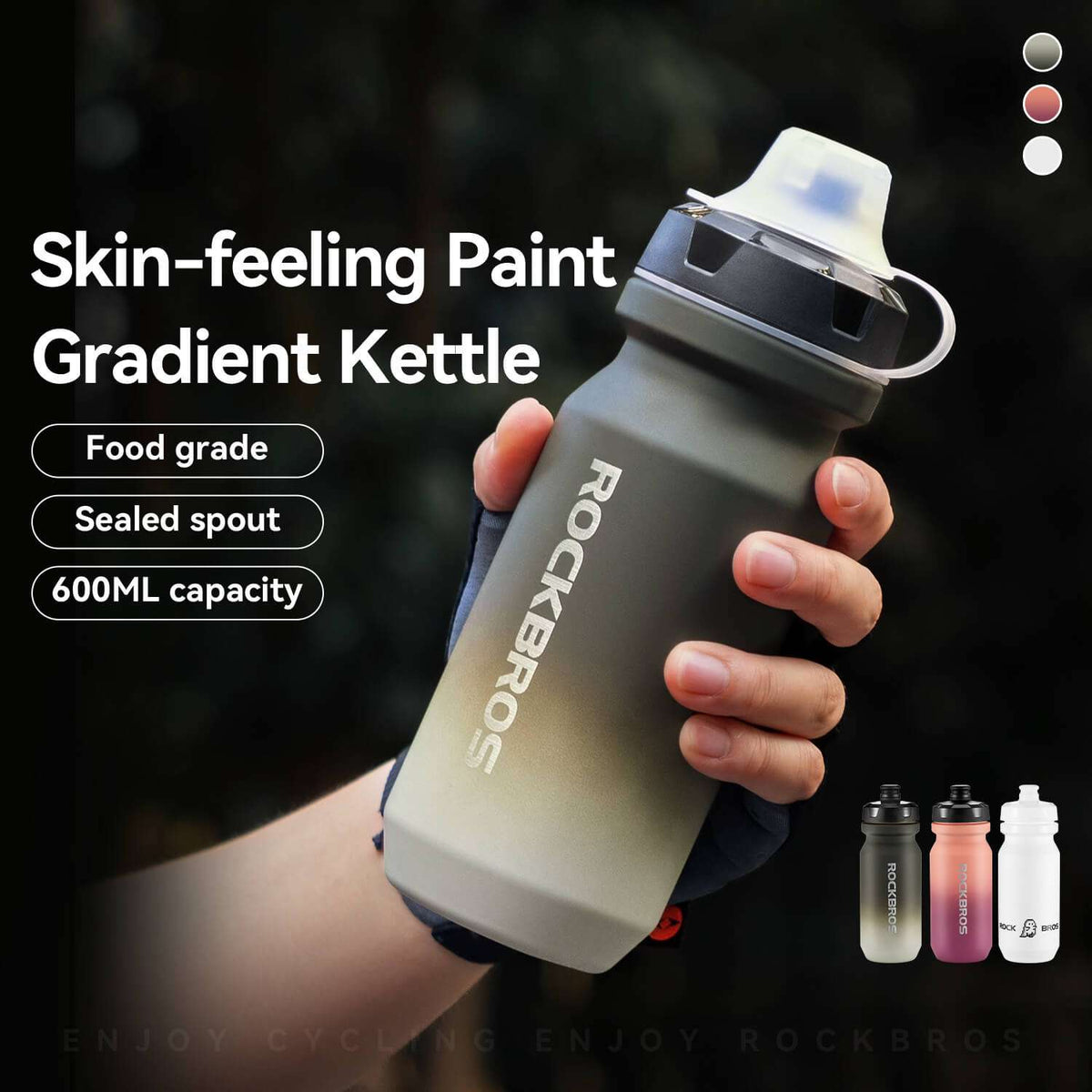 Hand holding gradient gray bike water bottle with black lid and sealed spout, ROCKBROS