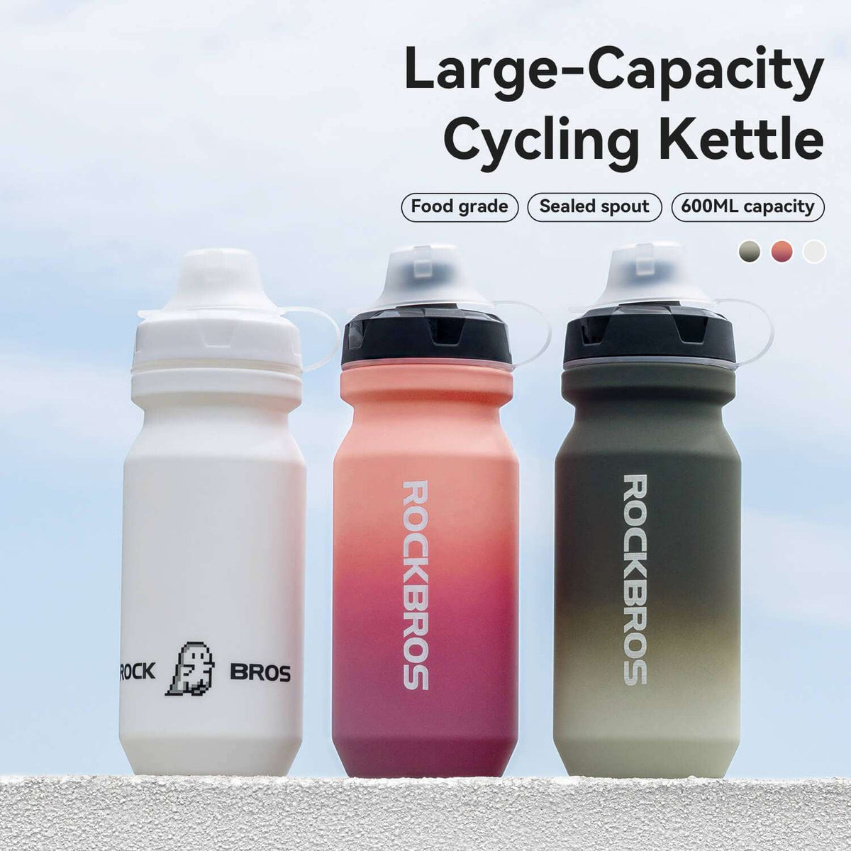 Three cycling water bottles in white, red, and green with black lids