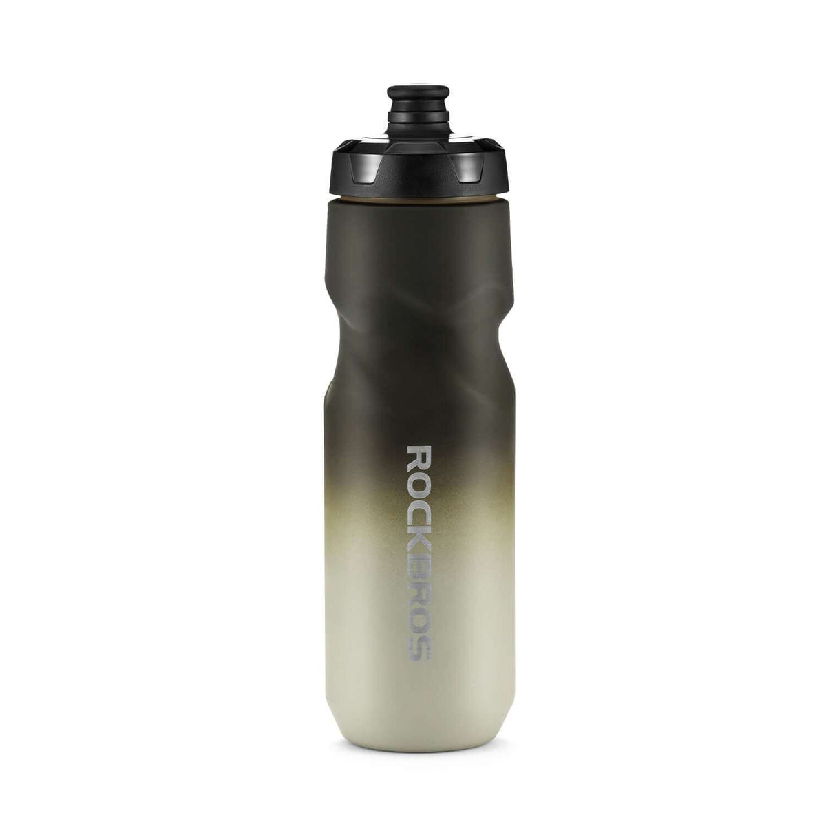 Gradient gray-to-cream bike water bottle with black flip-top spout and ROCKBROS logo