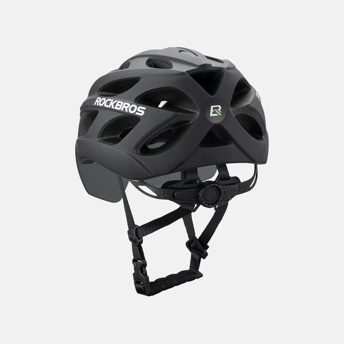 Dark bike helmet with visor and goggles, front view with ROCKBROS emblem