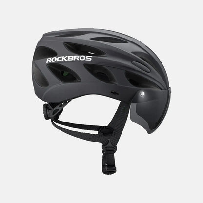 Dark bike helmet with visor and chin strap, ROCKBROS logo on side