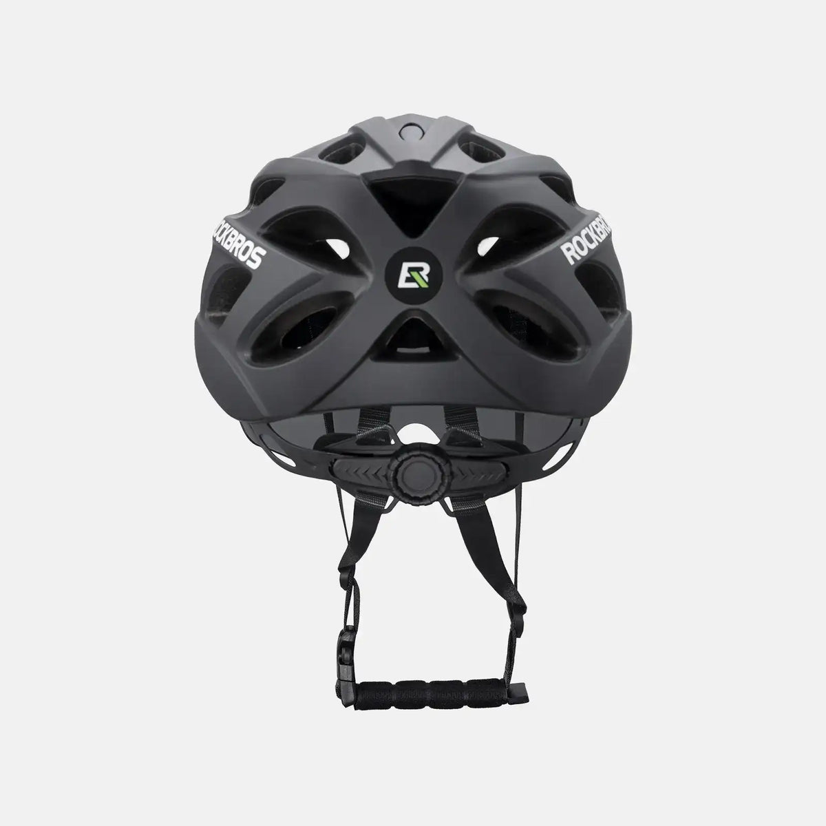 Dark bike helmet with visor and goggles, rear view with R logo