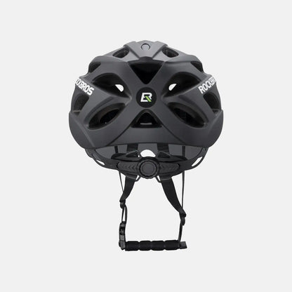 Dark bike helmet with visor and goggles, rear view with R logo