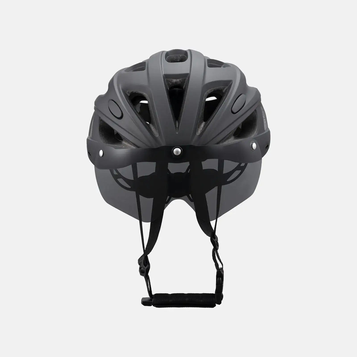 Gray bike helmet with tinted visor and chin straps, top-on view