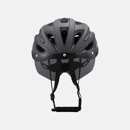 Gray bike helmet with tinted visor and chin straps, top-on view