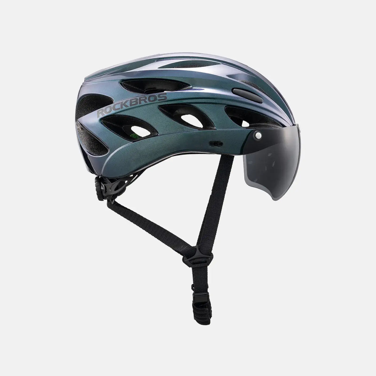 Teal bike helmet with visor and chin strap, side view