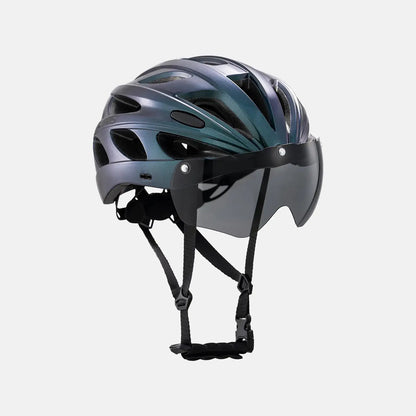 Teal bike helmet with visor and goggles, front 3/4 view with chin straps