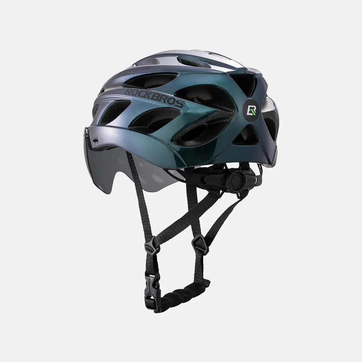 Bike helmet in teal and dark gray with visor, chin straps, and rear goggle frame