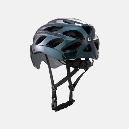 Bike helmet in teal and dark gray with visor, chin straps, and rear goggle frame