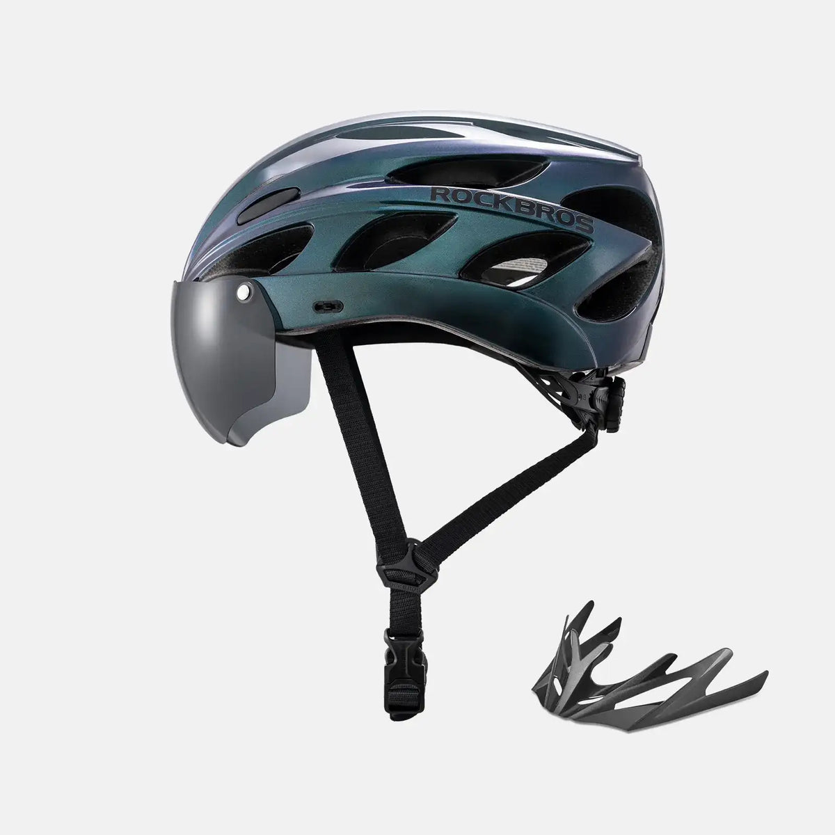 Teal bike helmet with visor and goggles set, side view with straps