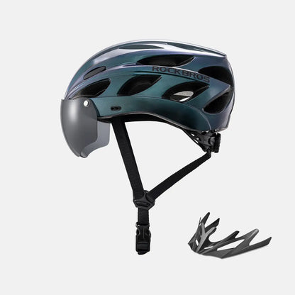 Teal bike helmet with visor and goggles set, side view with straps