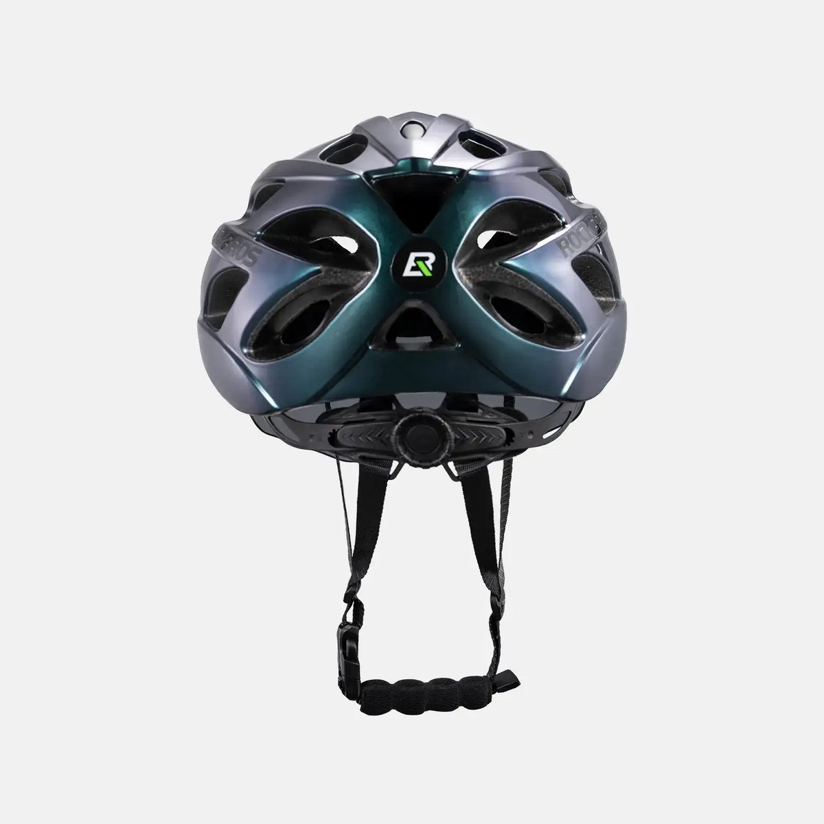 Teal and dark gray bike helmet with front visor and adjustable chin straps