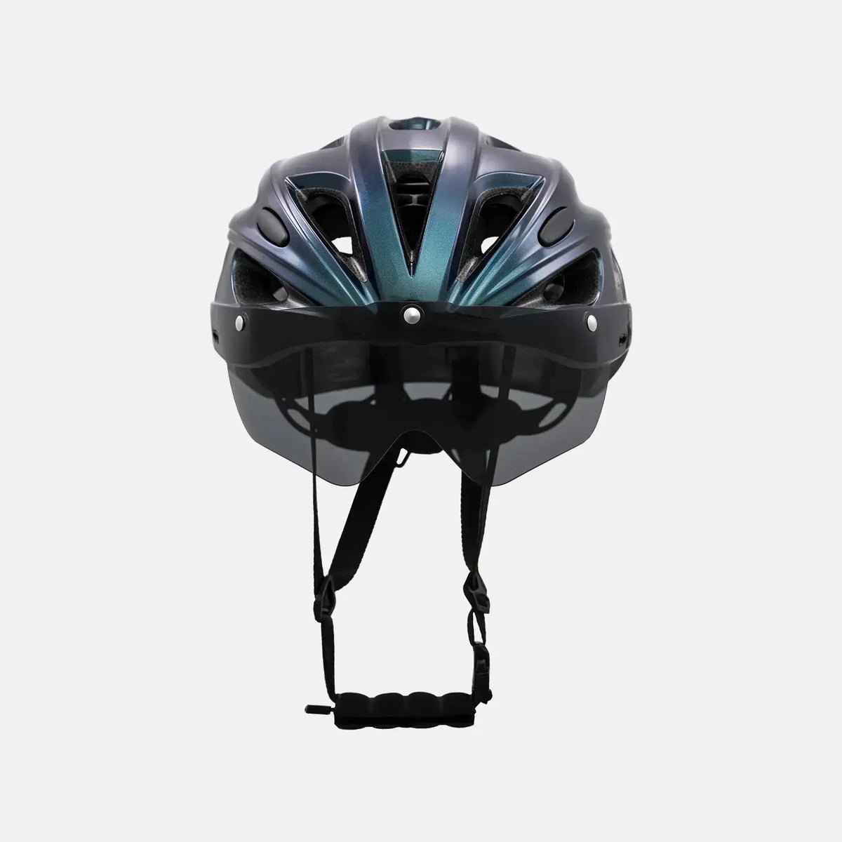 Bike helmet with dark shell and teal accents, front visor, and chin strap system