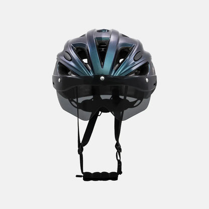 Bike helmet with dark shell and teal accents, front visor, and chin strap system