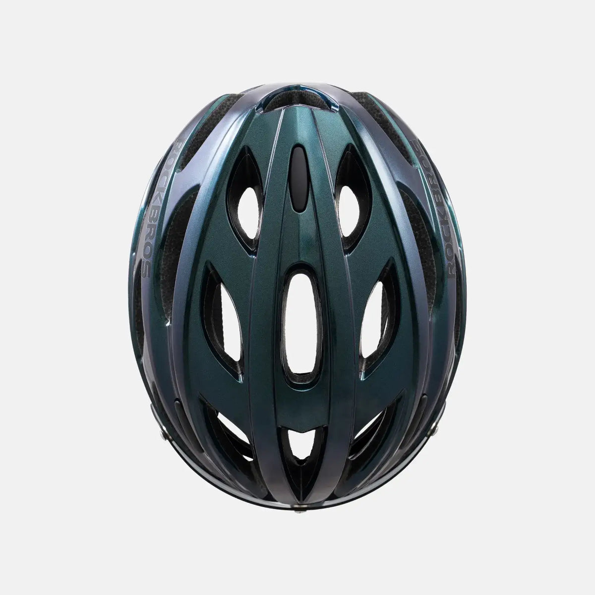 Bike helmet top view in dark teal and black with vent openings