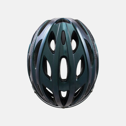 Bike helmet top view in dark teal and black with vent openings