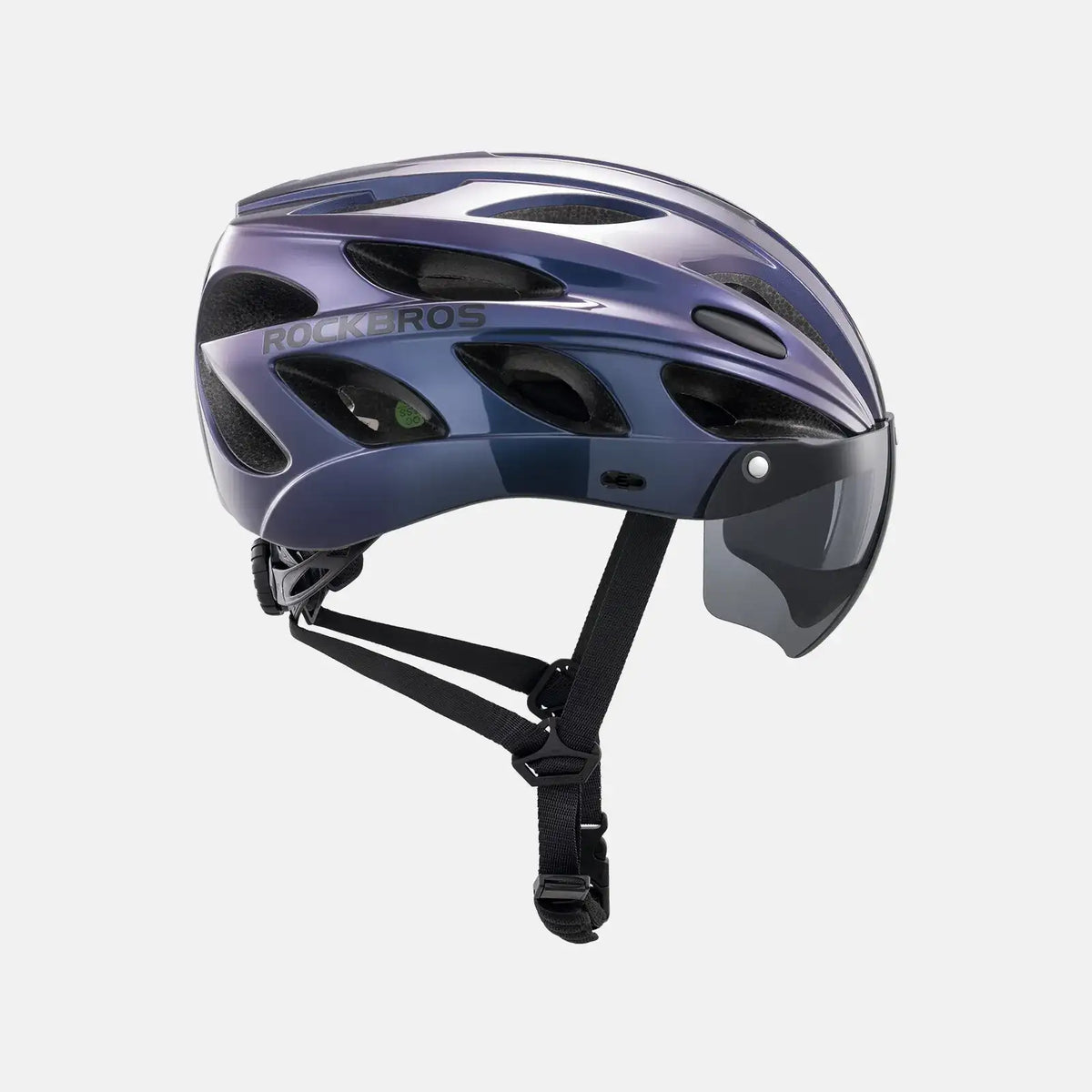 Purple and dark blue bike helmet with visor and black chin strap system