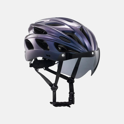 Purple and dark blue bike helmet with front visor and chin strap system