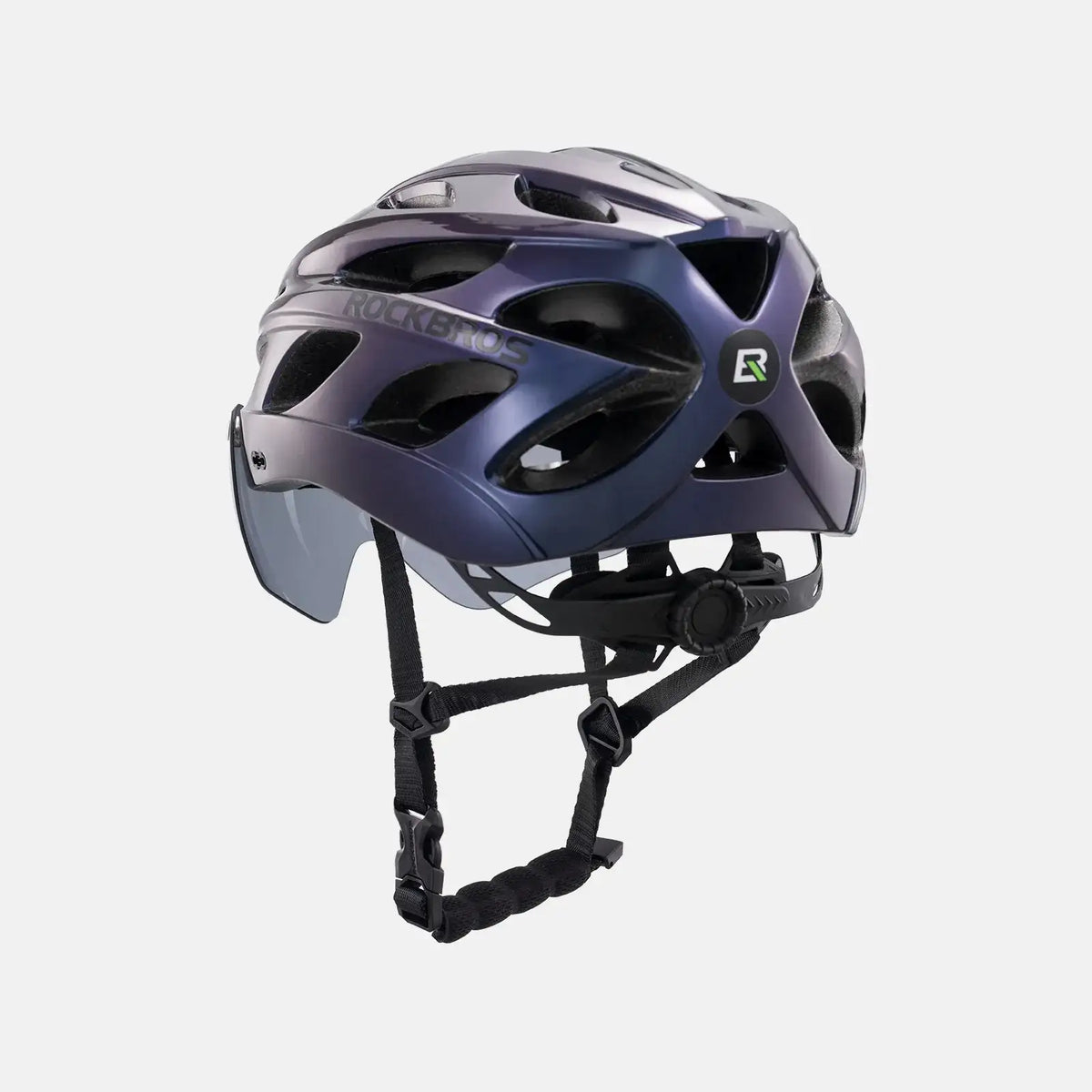 Purple and dark blue bike helmet with visor, chin straps, and rear goggle frame