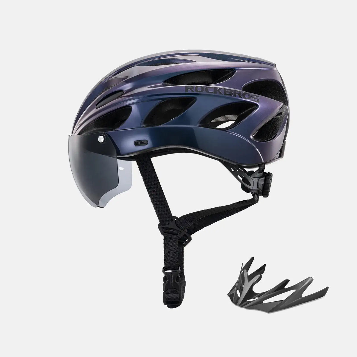 Blue and purple bike helmet with visor, black chin straps, and goggles included
