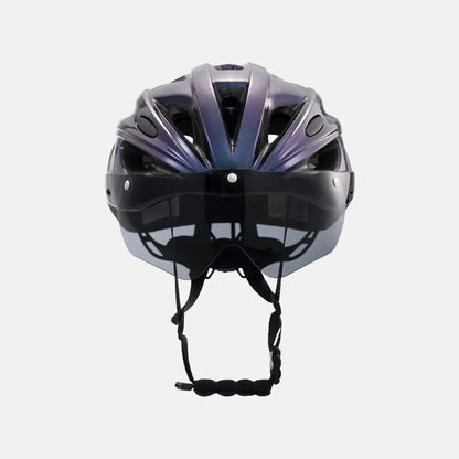 Bike helmet with purple top and dark front visor, chin straps, and rear goggle frame