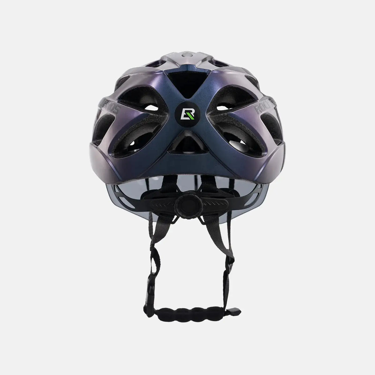 Bicycle helmet with visor and goggle strap, dark blue/purple matte finish