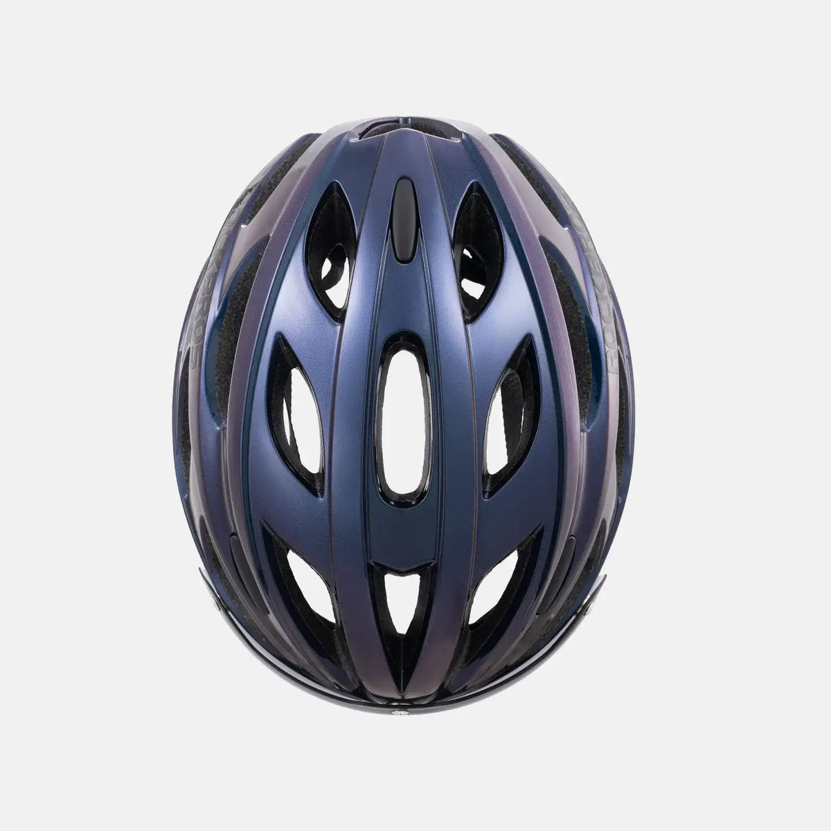 Bicycle helmet, glossy blue with large ventilation cutouts and black accents
